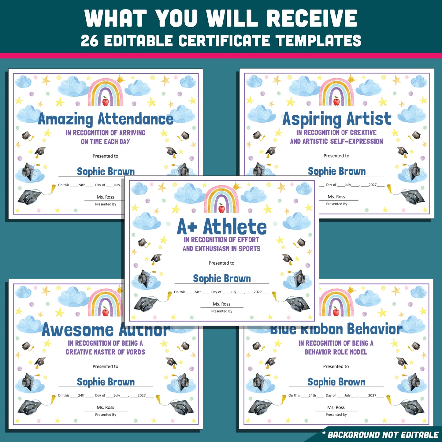 Kindergarten End-of-Year Awards, Personalized Recognition Set, 26 Customizable Diplomas and Certificates, PowerPoint, Printable