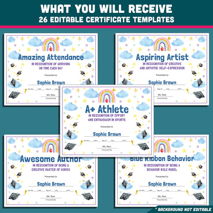 Kindergarten End-of-Year Awards, Personalized Recognition Set, 26 Customizable Diplomas and Certificates, PowerPoint, Printable