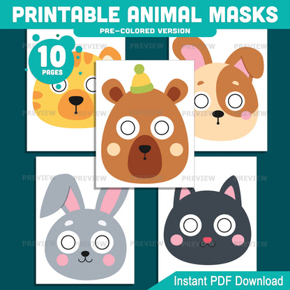 Printable Animal Paper Masks, Kids Color, Cut & Wear Animal Craft, 10 Printable Faces, Pre-Colored, Black and White, Letter, A4 PDF