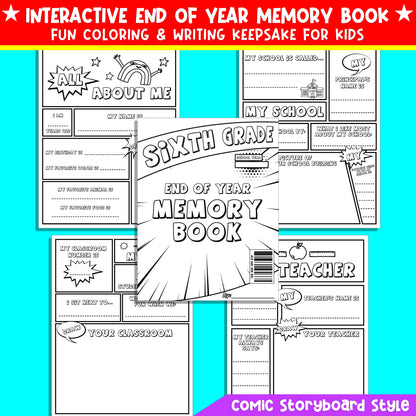 End of the Year Memory Book for Sixth Grade (6th Grade), 24 Comic Storyboard Pages, Fun Printable Writing & Coloring Keepsake, Instant PDF