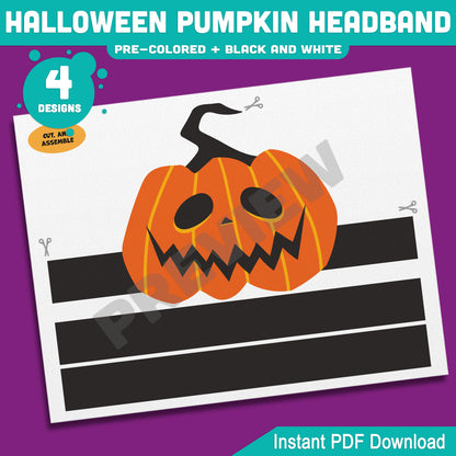 Halloween Pumpkin Headband Craft, Printable Pumpkin Hat, Autumn Paper Crown, Pre-Colored and Black & White, 4 Designs, US Letter, A4 PDF