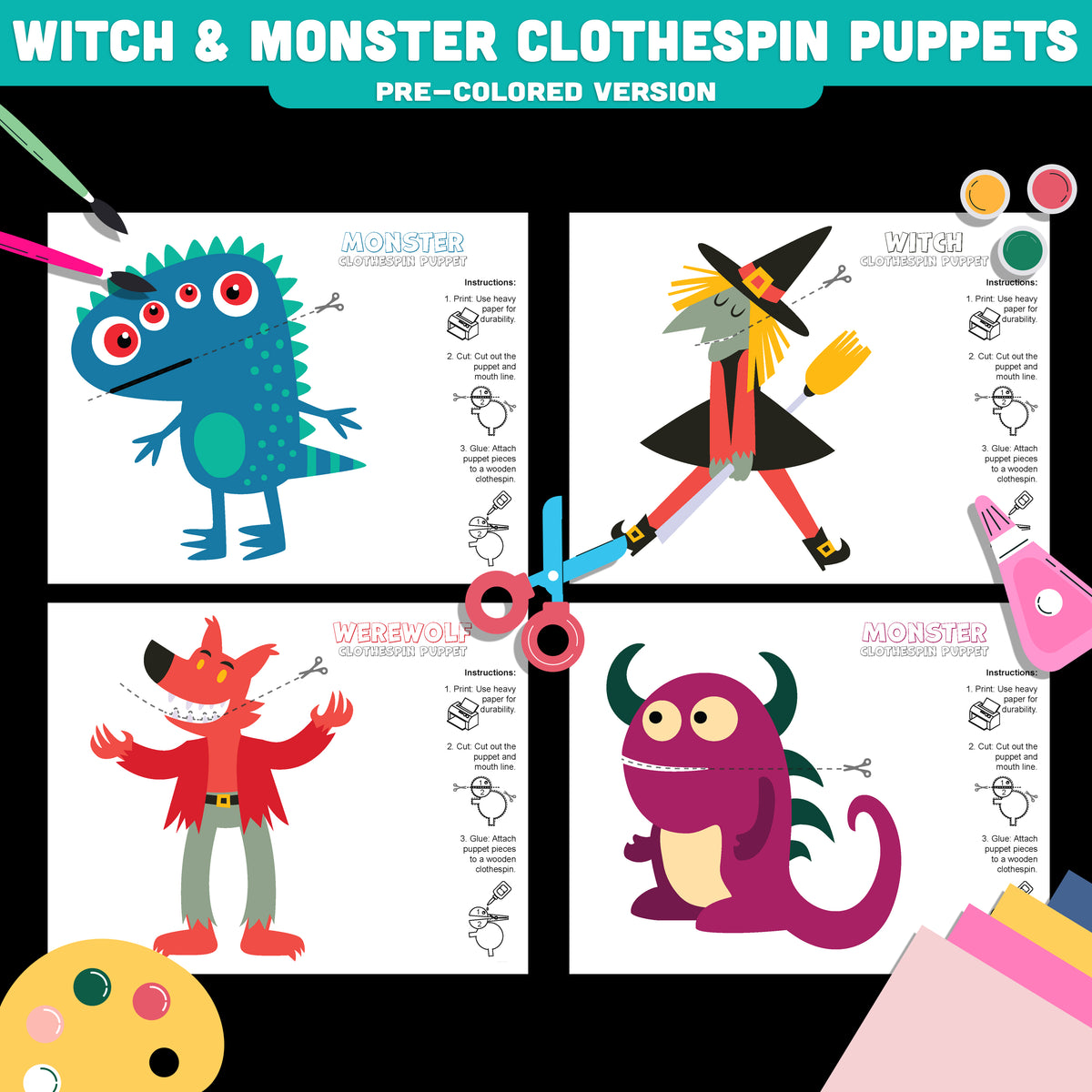 Halloween Fine Motor Craft for Kids, Monster Witch Werewolf Puppets