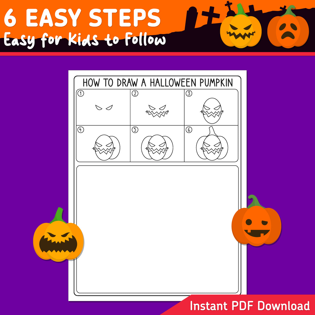 How to Draw a Halloween Pumpkin, Halloween Directed Drawing, Learn to Draw in 6 Easy Steps, Printable Worksheets, 5 Coloring Pages, A4 + Letter PDF