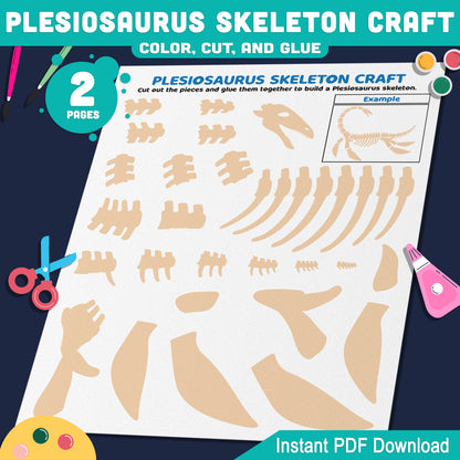 Plesiosaurus Skeleton Craft, Build a Prehistoric Sea Animal Skeleton, Printable Color, Cut and Paste, US Letter, A4 PDF