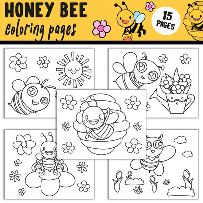 15 High-Resolution Cute Honey Bee Coloring Pages: Easy and Fun for Toddlers, PreK, and Kindergarten, Instant PDF Download