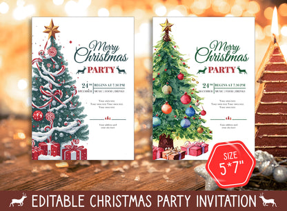 Editable Christmas Party Invitation Templates, Choose from 2 Designs & 2 Sizes (8.5"x11" and 5"x7"), PDF, Instant Download