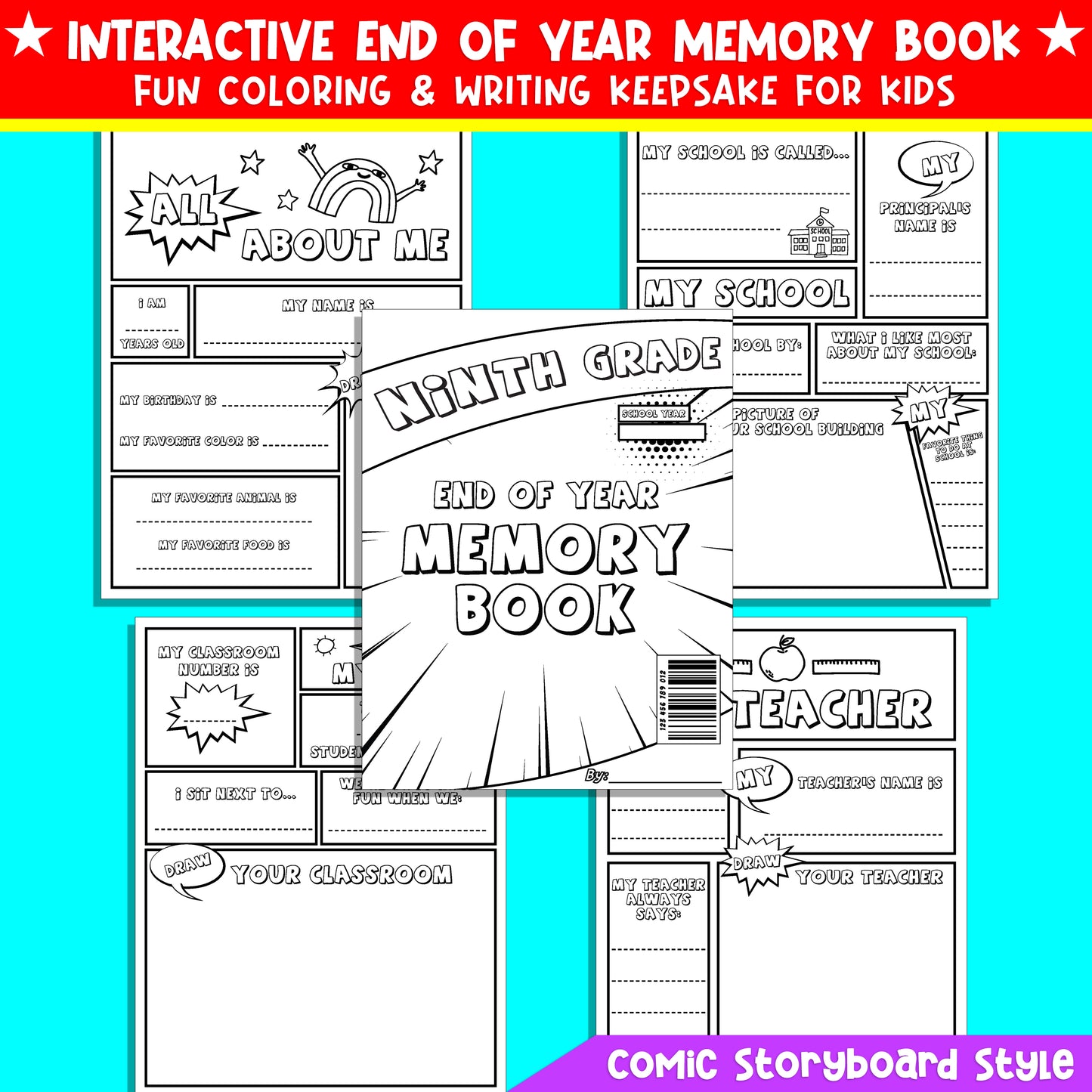 Printable End of the Year Memory Book for Ninth Grade (9th Grade), Fun Writing & Coloring Activities, 24 Comic Storyboard Pages, PDF Download