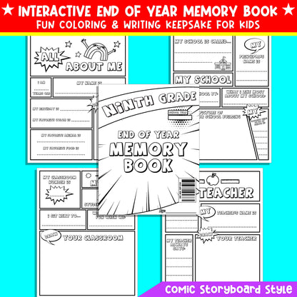 Printable End of the Year Memory Book for Ninth Grade (9th Grade), Fun Writing & Coloring Activities, 24 Comic Storyboard Pages, PDF Download