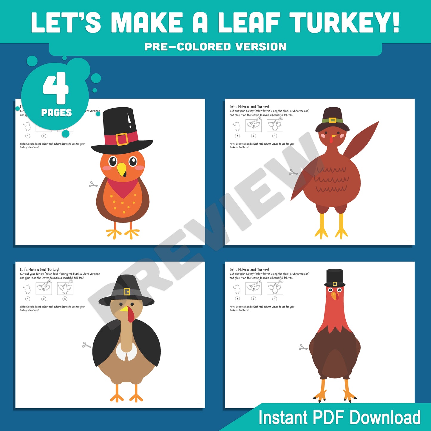 Let’s Make a Colorful Turkey with Real Fall Leaves! Turkey Craft Kindergarten Printable, Thanksgiving Leaf Craft for Kids, 4 Designs, PDF Instant Download