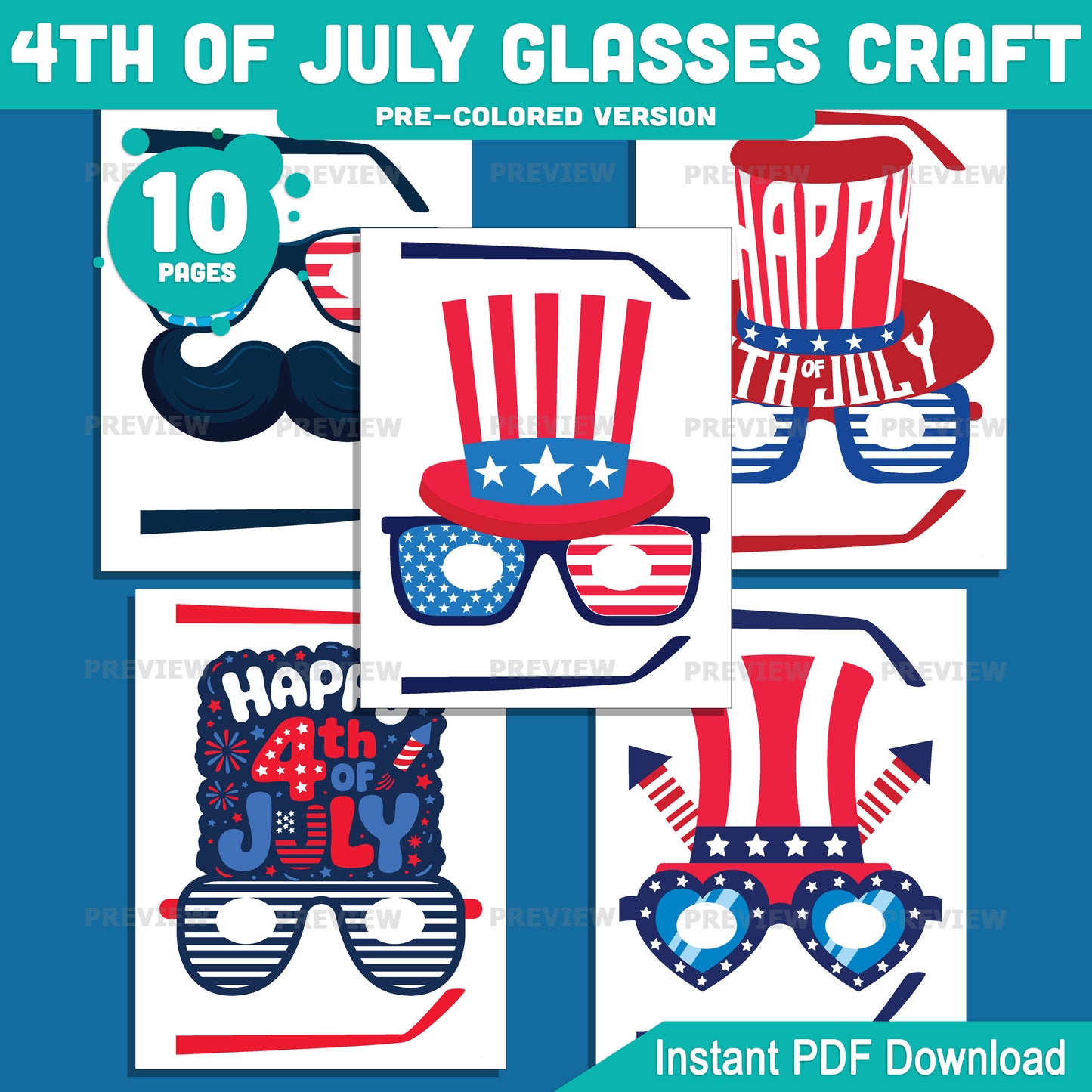 Printable 4th of July Glasses Craft, Independence Day Wearable Craft, Patriotic Kids Activity, Easy Summer Party Printable