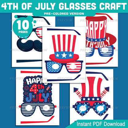 Printable 4th of July Glasses Craft, Independence Day Wearable Craft, Patriotic Kids Activity, Easy Summer Party Printable