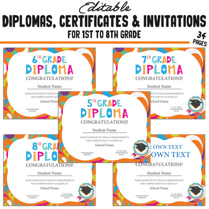 34 Editable 1st-8th Grade Certificates, Diplomas, and Invitation Templates, Orange-Themed, PDF Instant Download