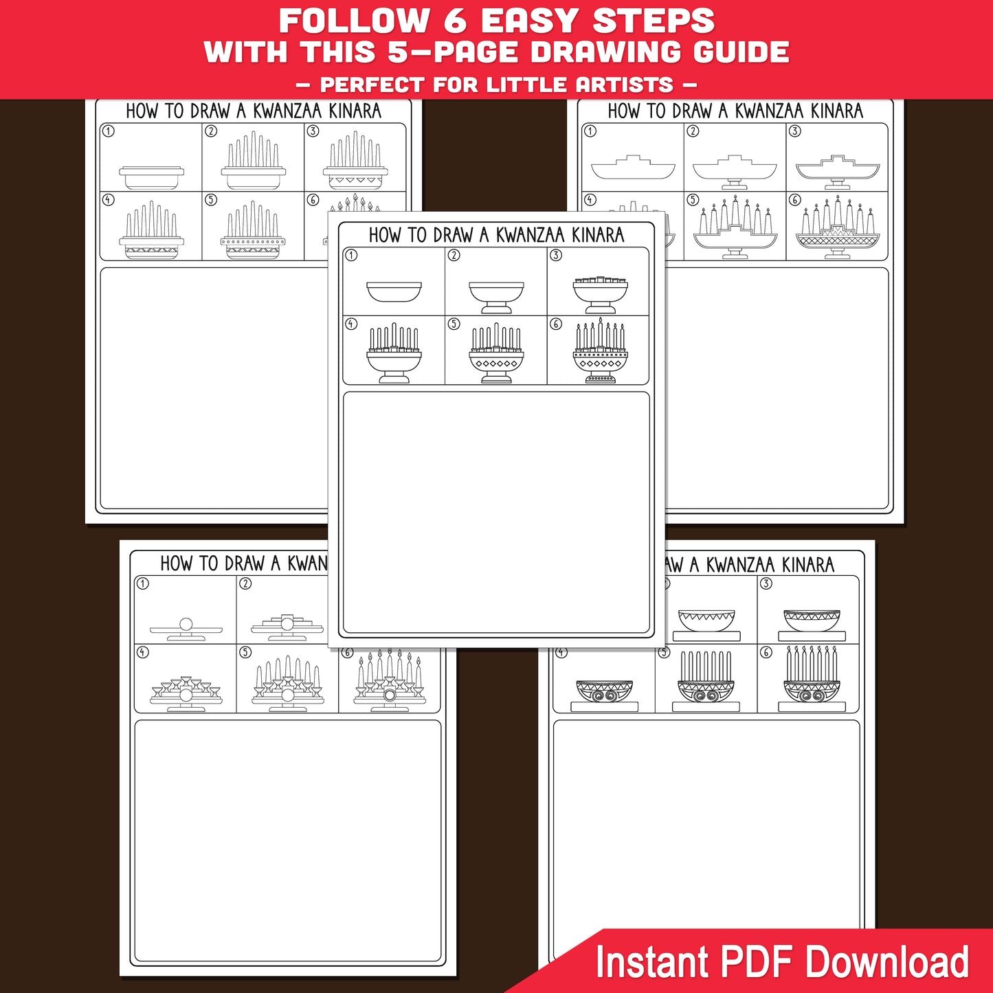 Kwanzaa Kinara Step-by-Step Drawing Guide: Learn How to Draw a Kwanzaa Kinara in 6 Easy Steps, 5 Pages Plus Coloring Sheets for Kids, Instant PDF