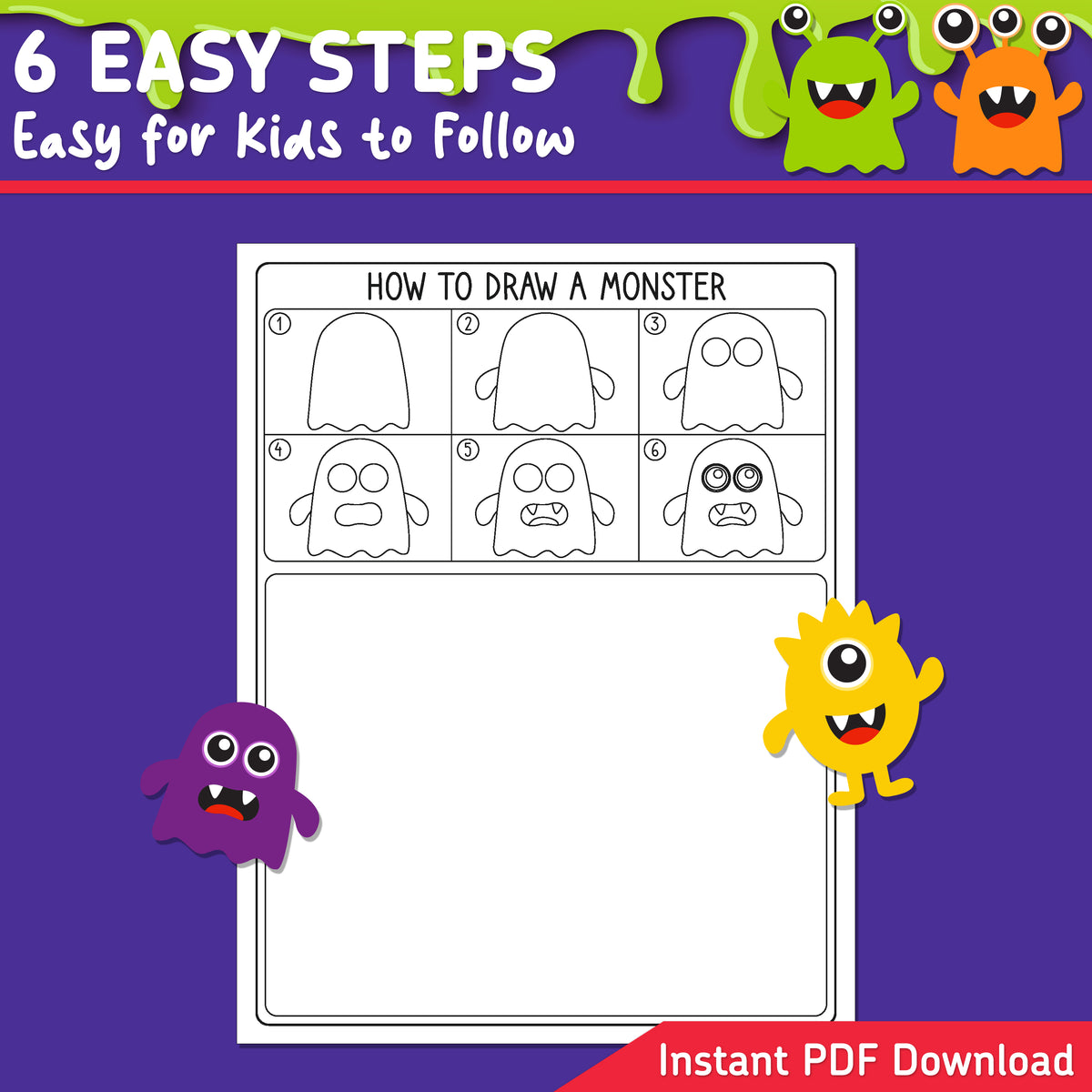 Monster Directed Drawing, How to Draw a Monster, Halloween Step-by-Step Art Lesson for Kids, 6 Easy Steps, Drawing Practice, Coloring Pages, PDF