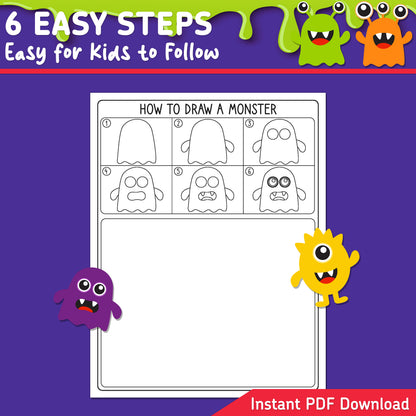 Monster Directed Drawing, How to Draw a Monster, Halloween Step-by-Step Art Lesson for Kids, 6 Easy Steps, Drawing Practice, Coloring Pages, PDF
