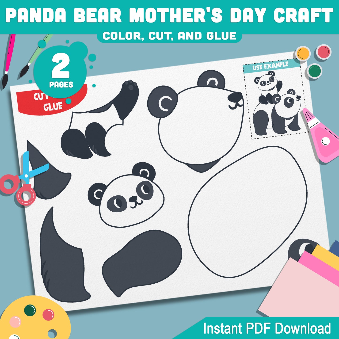 Panda Bear Mother's Day Craft: Creative DIY Color, Cut, and Glue Activity for Kids, Perfect for Making Mother’s Day Gifts, Easy and Fun, Instant PDF Download