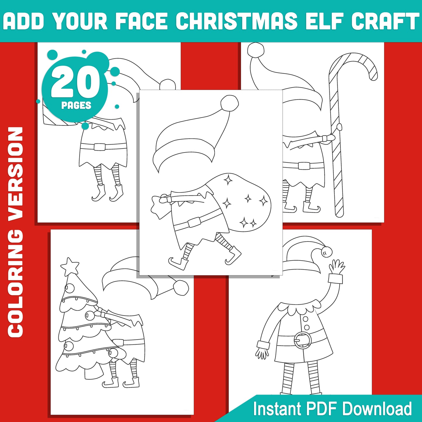 Add Your Face Christmas Elf Craft – Coloring Version, Christmas Elf Cut and Paste Templates, Kids Holiday Craft for Home or Classroom, Printable 20 Pages PDF 8.5x11
