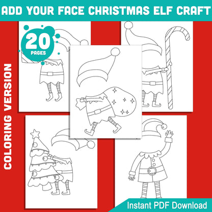 Add Your Face Christmas Elf Craft – Coloring Version, Christmas Elf Cut and Paste Templates, Kids Holiday Craft for Home or Classroom, Printable 20 Pages PDF 8.5x11