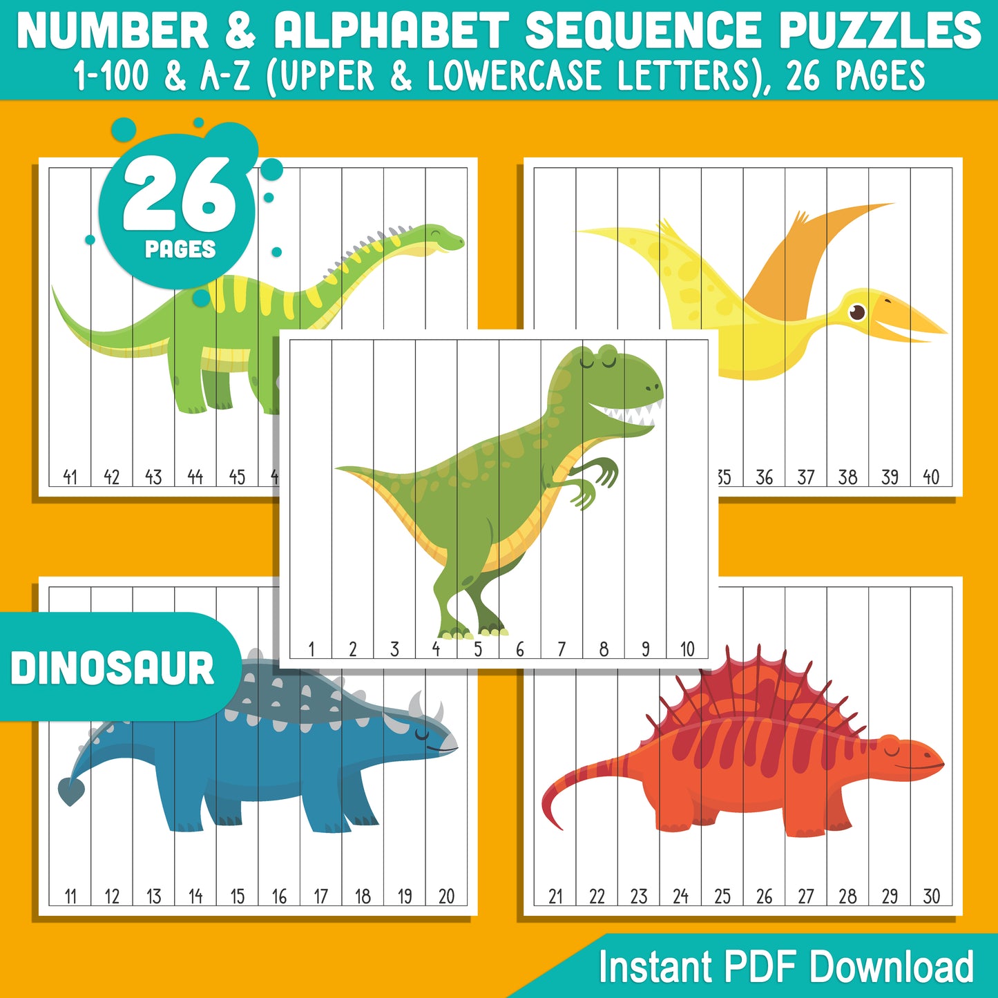 Dinosaur Number and Alphabet Stripe Puzzles: 1-100 Counting and A-Z Sequencing for Toddlers, Preschool, and Kindergarten, Printable PDF for Math Centers