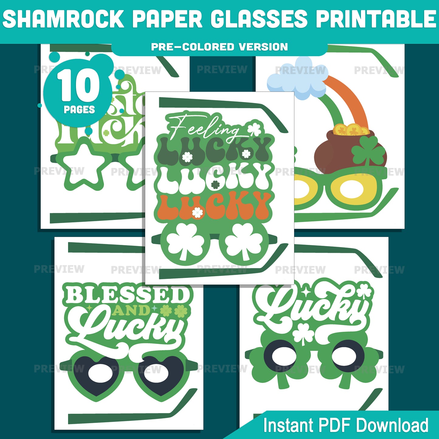 Shamrock Paper Glasses Printable, St. Patrick’s Day Glasses Craft Activity for Kids, 10 Designs, Pre-Colored and Black & White PDF