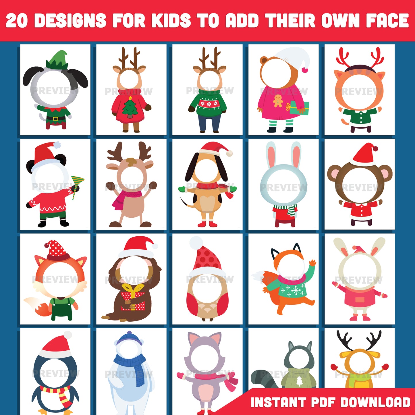Printable Christmas Animal Body Templates, Add Your Face Craft, 20 Winter Designs for Holiday Classroom or Home Activities, Includes High-resolution PDF + PNG
