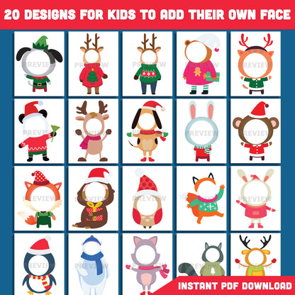 Printable Christmas Animal Body Templates, Add Your Face Craft, 20 Winter Designs for Holiday Classroom or Home Activities, Includes High-resolution PDF + PNG