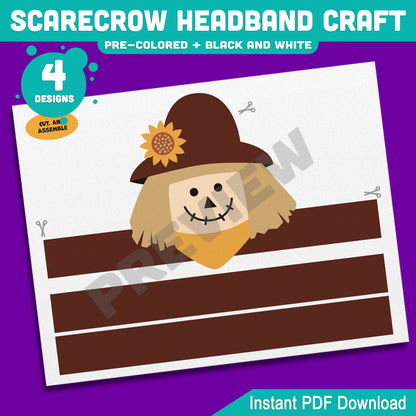 Scarecrow Headband Craft, Fall Paper Hat Activity, Printable Crown, Pre-Colored & Black and White, Autumn Craft for Kids, 4 Designs, A4, US Letter