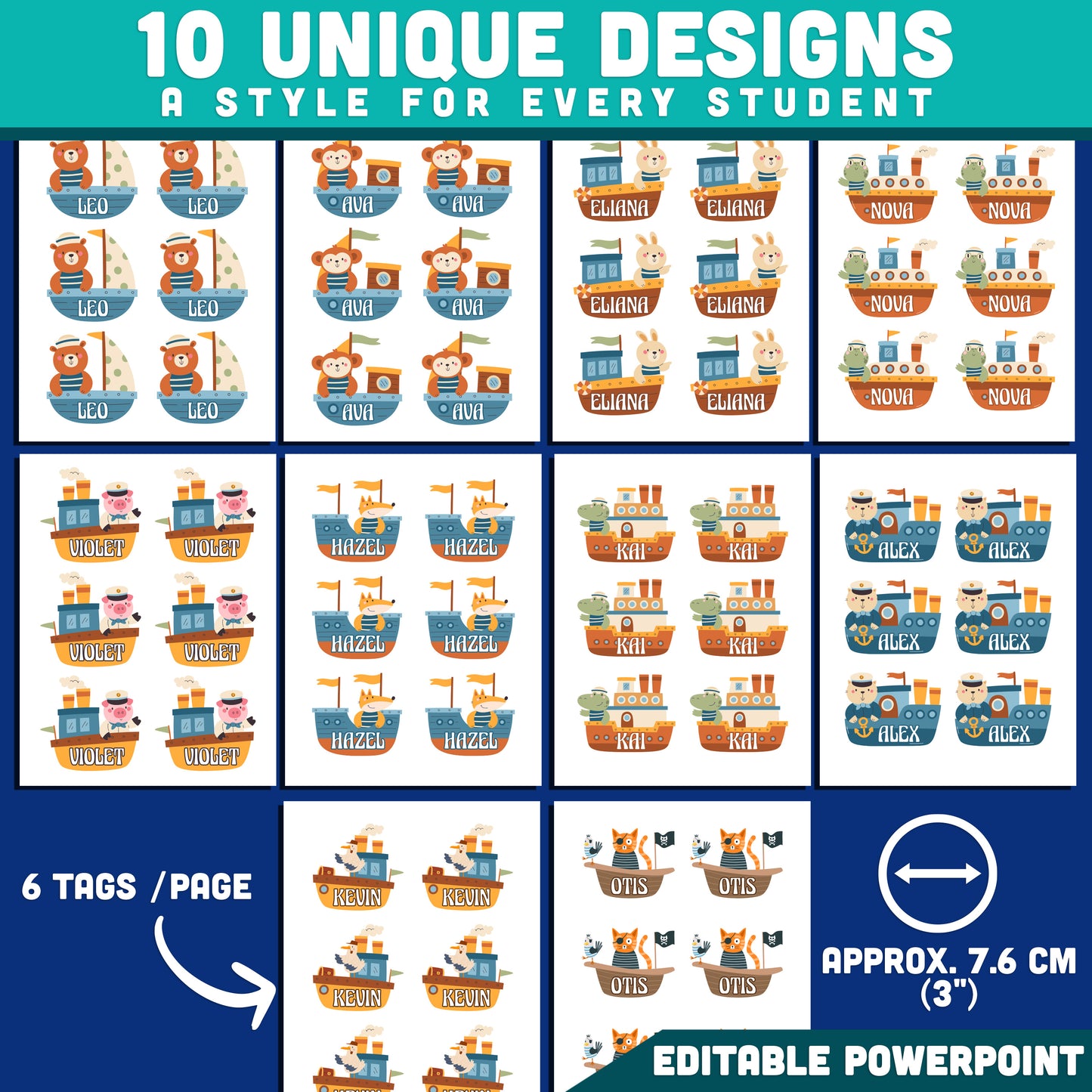 Sailing Animal Name Tags, Editable Locker & Cubby Labels, Seaside Classroom Theme, PowerPoint Template, 10 Designs, Student Spaces, US Letter, A4