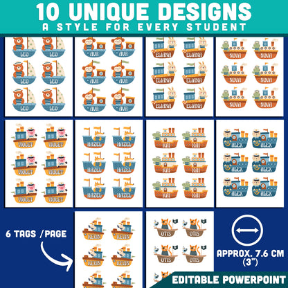 Sailing Animal Name Tags, Editable Locker & Cubby Labels, Seaside Classroom Theme, PowerPoint Template, 10 Designs, Student Spaces, US Letter, A4