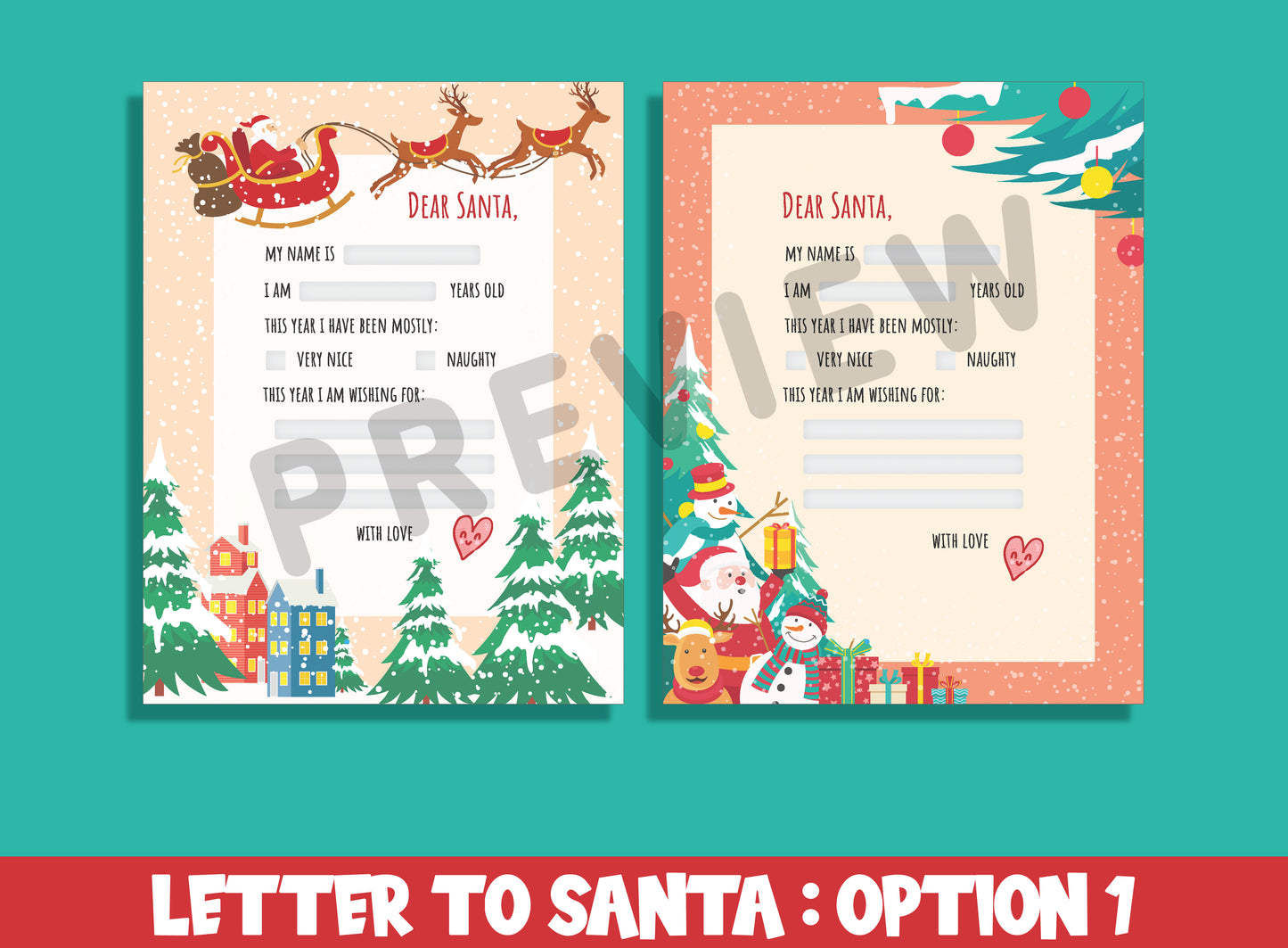 Letter to Santa Template, 2 Festive Designs for Kids' Letters, Fillable & Blank