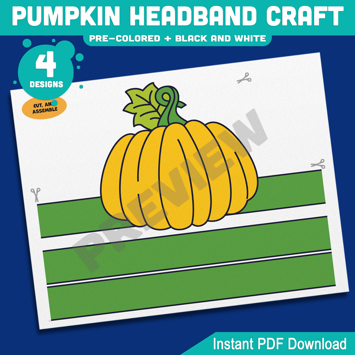 Pumpkin Headband Craft, Printable Autumn Crown, Paper Hat Activity, Pre-Colored & Black and White, Fall Craft for Kids, 4 Designs, A4, US Letter