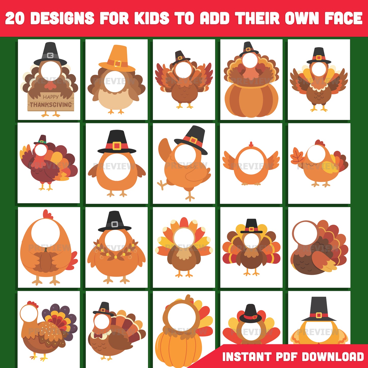 Thanksgiving Add Your Face Turkey Crafts, 20 Printable Body Templates, Fun Classroom or Home Activity, Includes PDF + PNG High-resolution Files, 8.5x11"