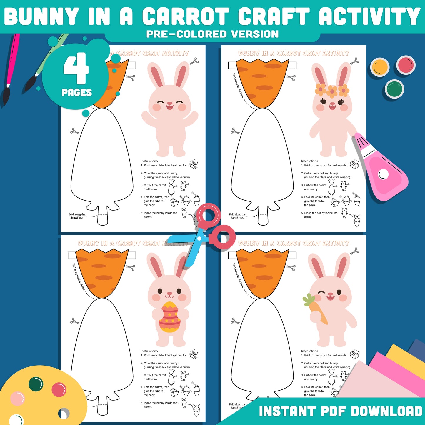 Bunny in a Carrot Craft Activity Printable, Spring Easter Bunny Hatching Craft Template, Cut and Paste Bunny Craft, 4 Designs, 300 DPI PDF