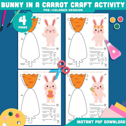 Bunny in a Carrot Craft Activity Printable, Spring Easter Bunny Hatching Craft Template, Cut and Paste Bunny Craft, 4 Designs, 300 DPI PDF