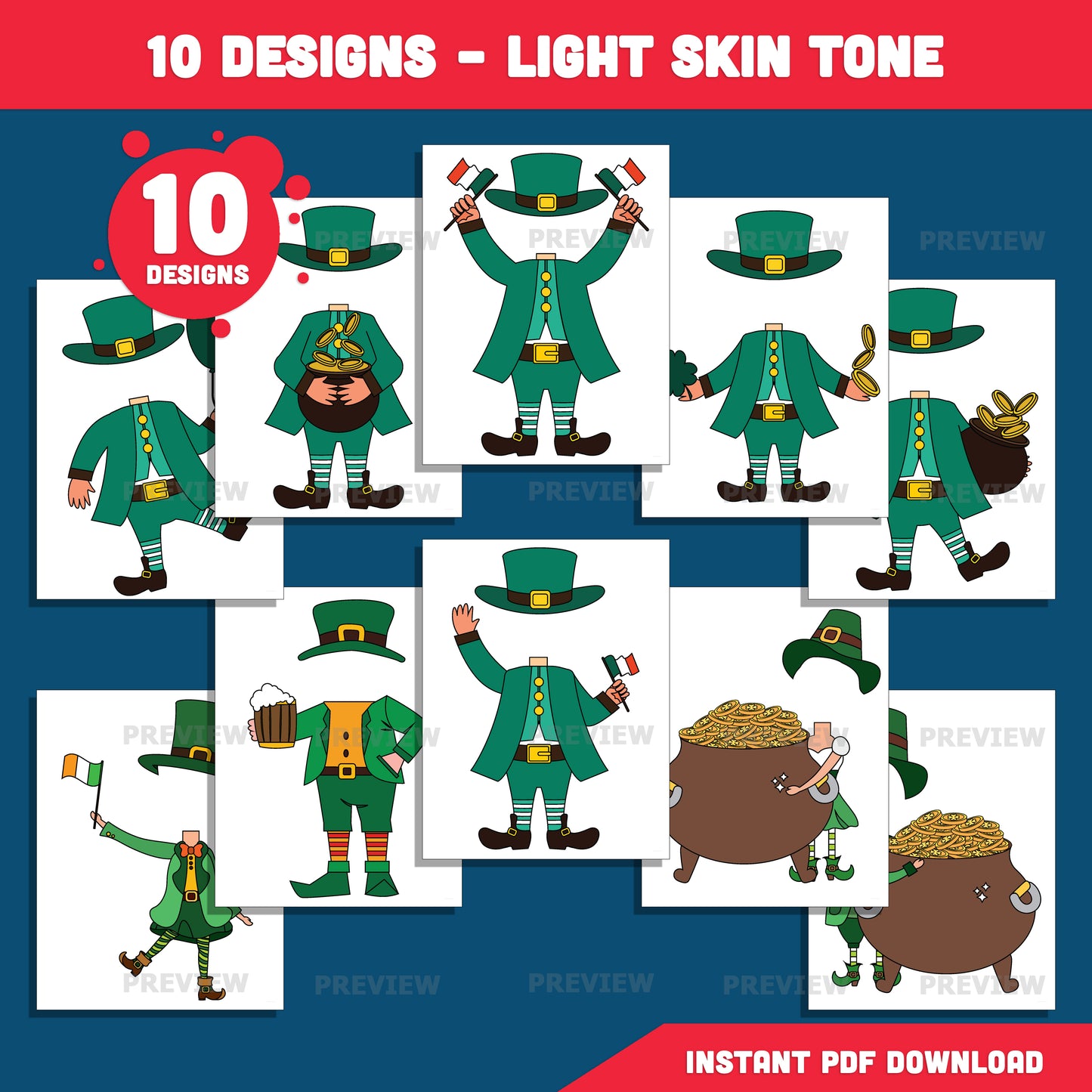 St. Patrick’s Day Body Clip Art - Leprechaun Add Your Own Face, Coloring Version Included, Fun Printable Craft for Kids