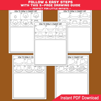 How to Draw a Cowboy Hat, Directed Drawing Activity, Easy Printable Drawing Guide, 6-Step Art Worksheets, 5 Coloring Pages, A4, US Letter PDF