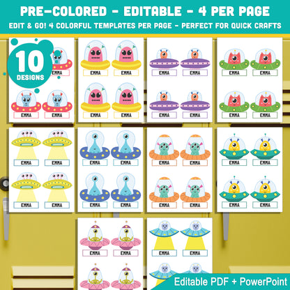 Editable Locker Labels (Cubby Name Tags), Cute Alien UFO Themed, 10 Designs, Classroom Name Tags, PDF + PowerPoint, Instant Download