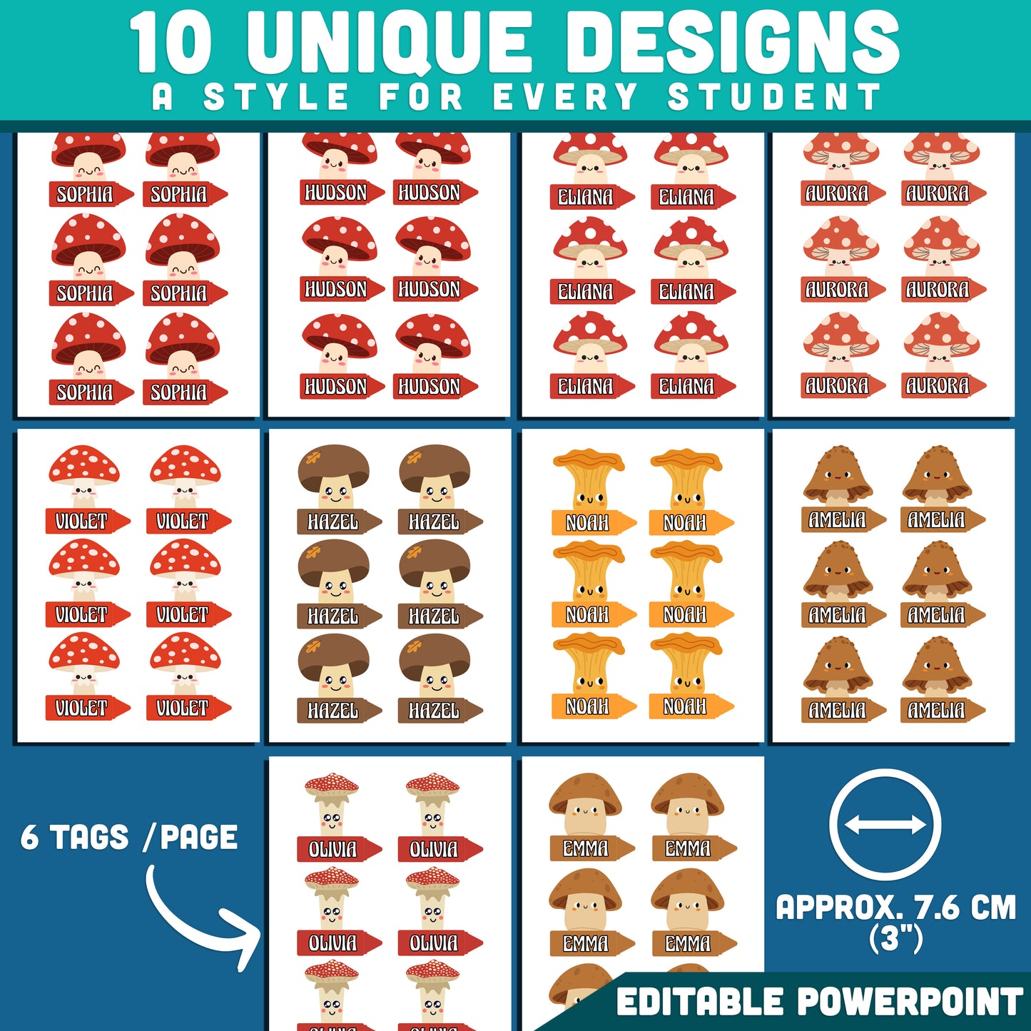 Mushroom Name Tags, Editable Locker & Cubby Labels, Whimsical Woodland Theme, PowerPoint Template, 10 Designs, Classroom Setup, US Letter, A4
