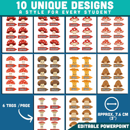Mushroom Name Tags, Editable Locker & Cubby Labels, Whimsical Woodland Theme, PowerPoint Template, 10 Designs, Classroom Setup, US Letter, A4