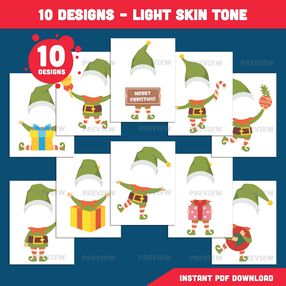 Elf Cutout Templates, Printable Christmas Craft, Add Your Own Face, PDF + PNG, Coloring Version