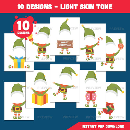 Elf Cutout Templates, Printable Christmas Craft, Add Your Own Face, PDF + PNG, Coloring Version