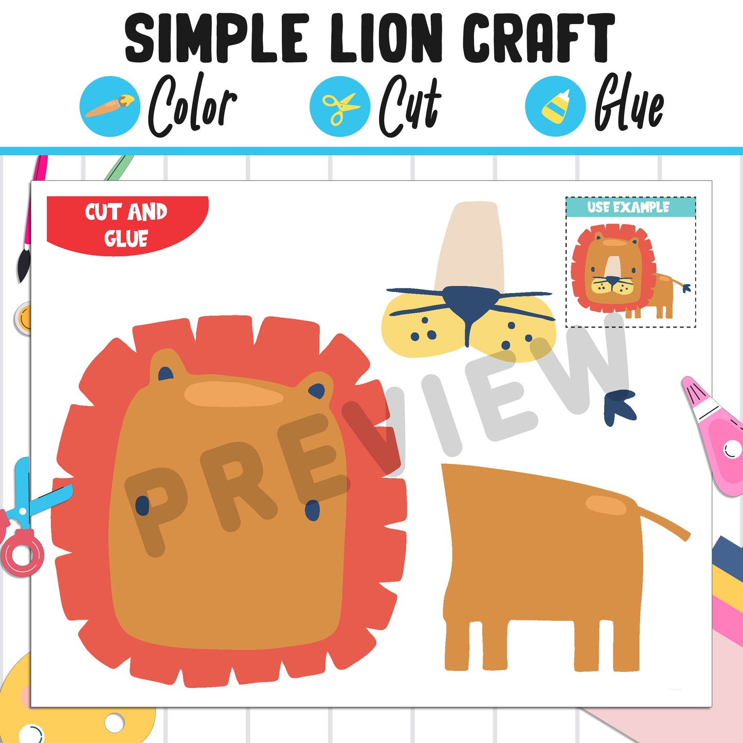 imple Lion Craft for Kids : Color, Cut, and Glue, a Fun Activity for Pre K to 2nd Grade, PDF Instant Download