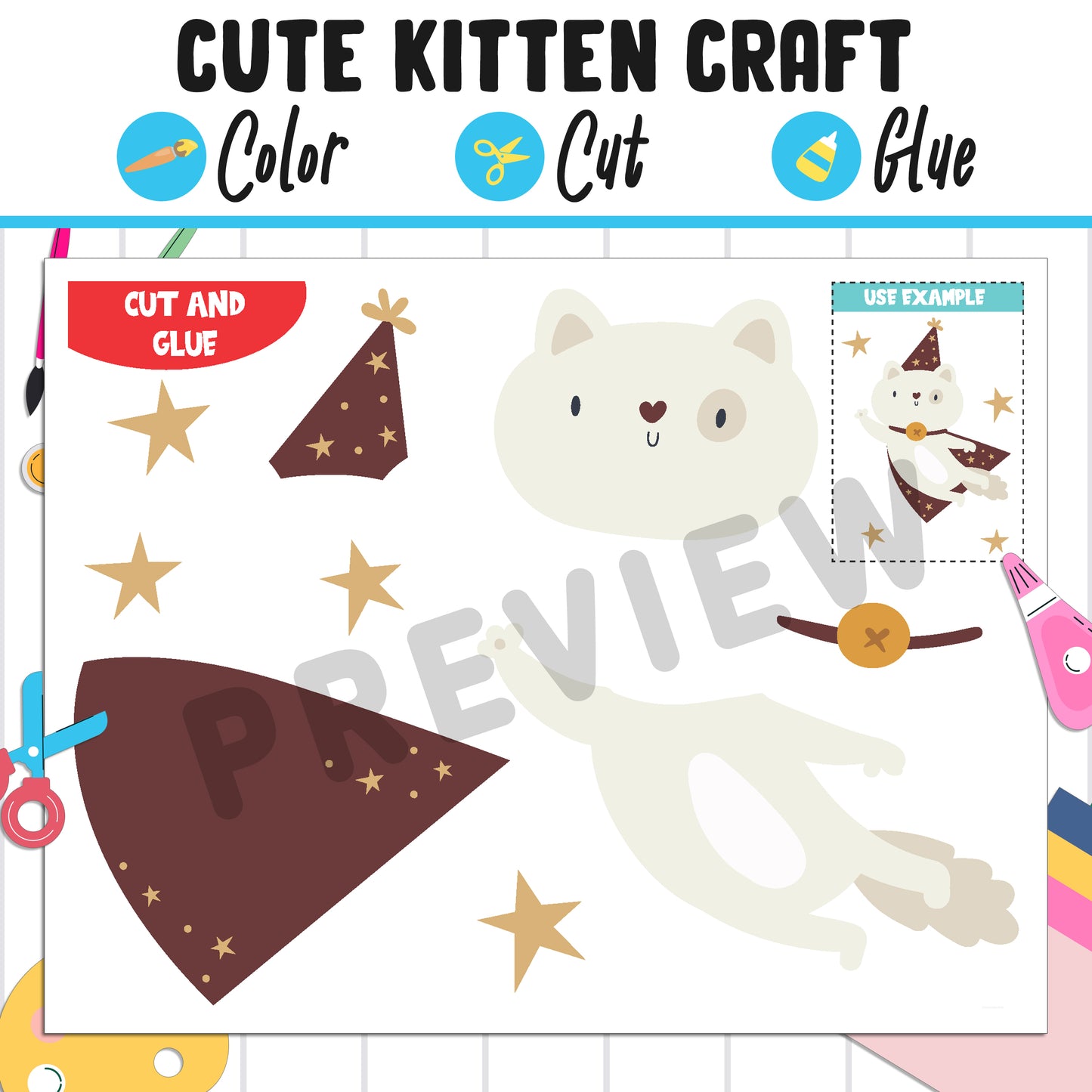 Cute Magic Kitten Craft for Kids: Color, Cut, and Glue, a Fun Activity for Pre K to 2nd Grade, PDF Instant Download