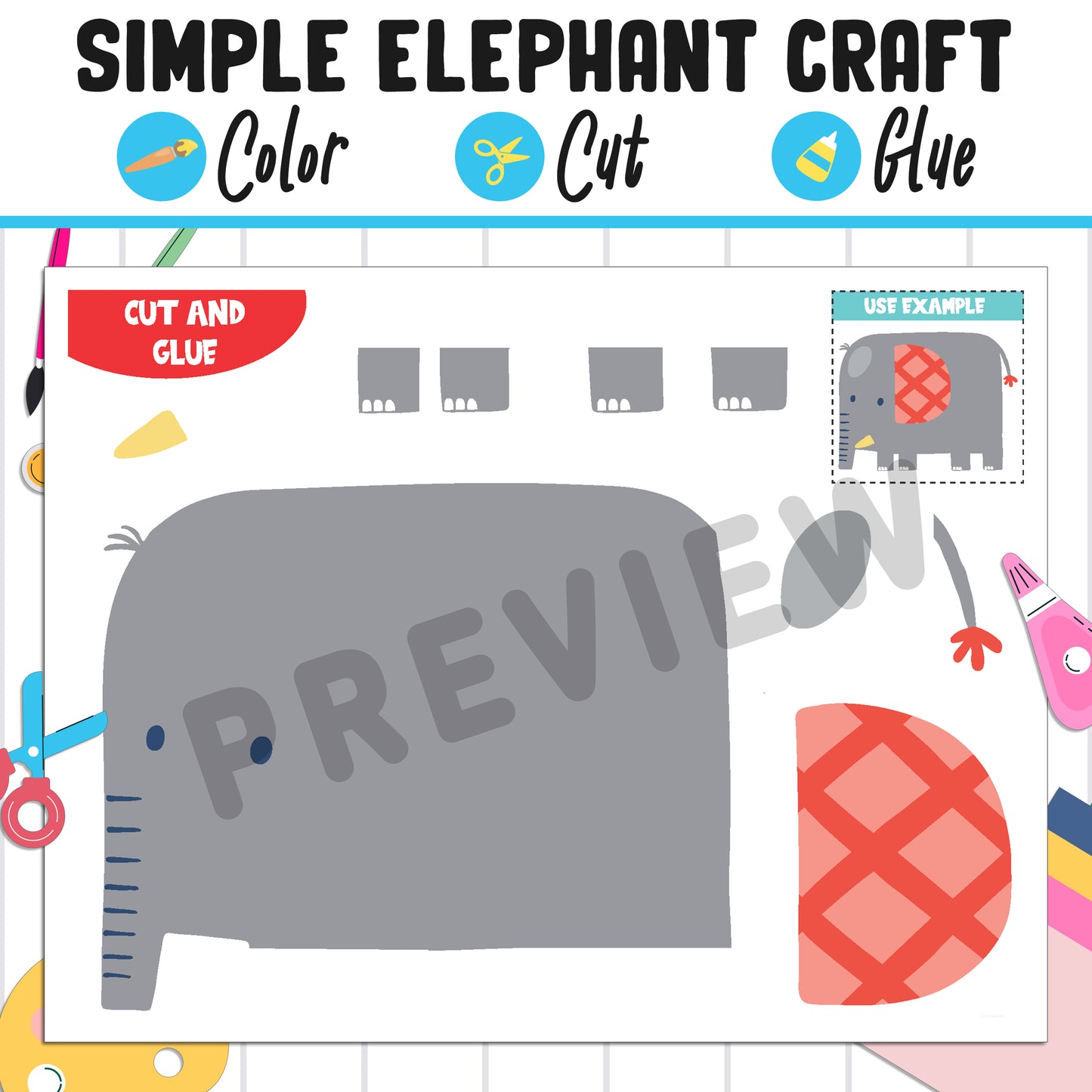 Simple Elephant Craft for Kids : Color, Cut, and Glue, a Fun Activity for Pre K to 2nd Grade, PDF Instant Download