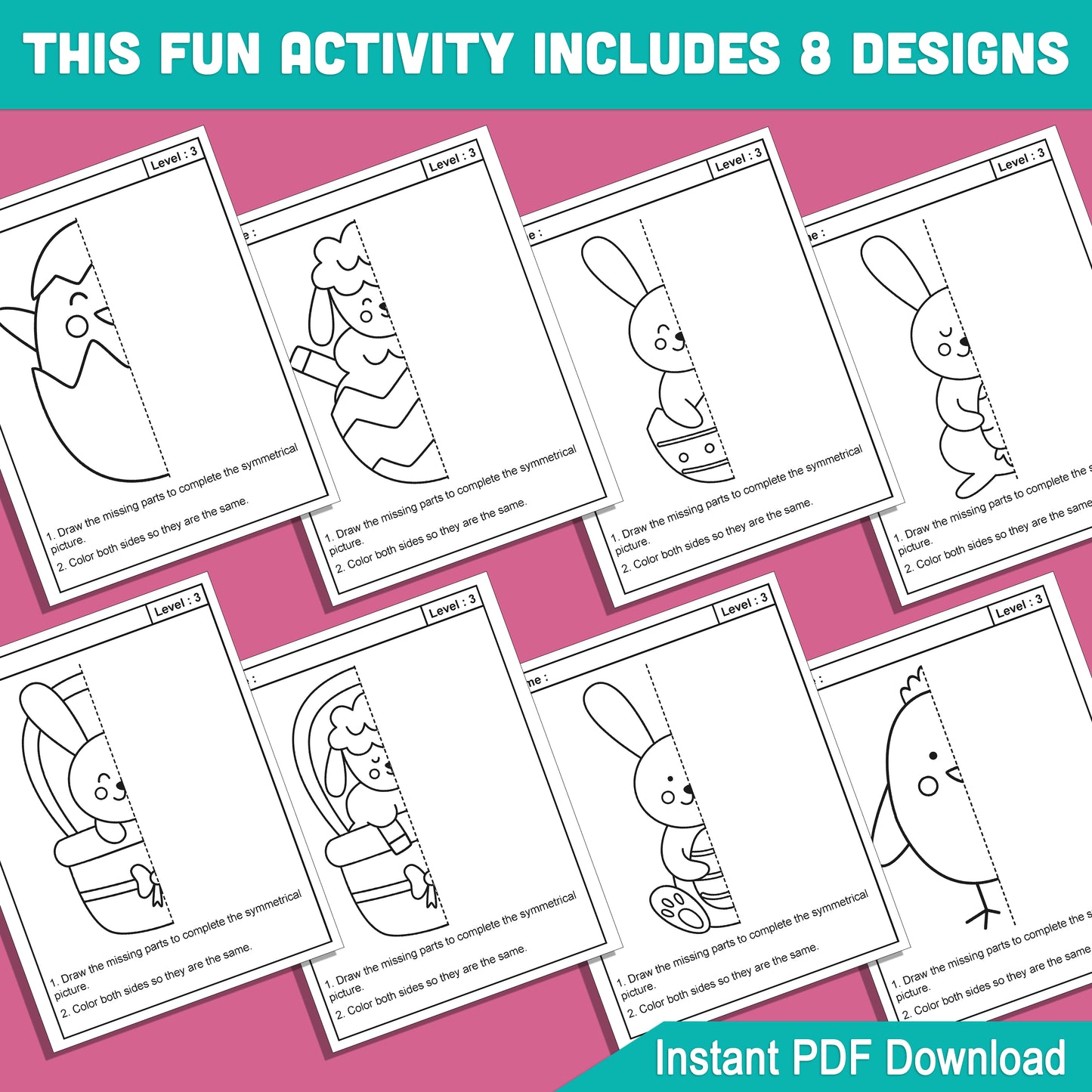 Easter Symmetry Activity Pack: 24 Printable Pages with 8 Themed Designs in Easy, Medium, and Hard Levels for Kids, Home, or Classroom Use