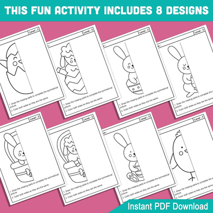 Easter Symmetry Activity Pack: 24 Printable Pages with 8 Themed Designs in Easy, Medium, and Hard Levels for Kids, Home, or Classroom Use