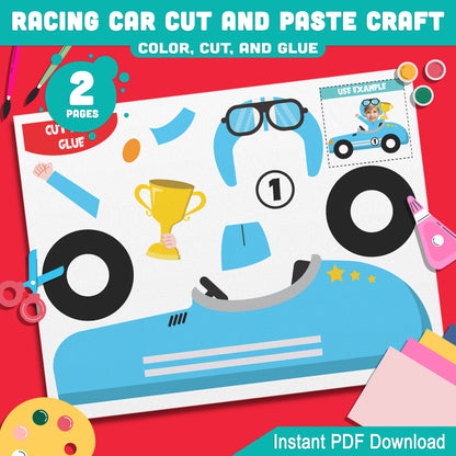 Fun Racing Car Paper Craft for Kids – Cut-and-Paste Activity with Photo Insert Option, 8 Pages in Color and B&W, Printable PDF Download