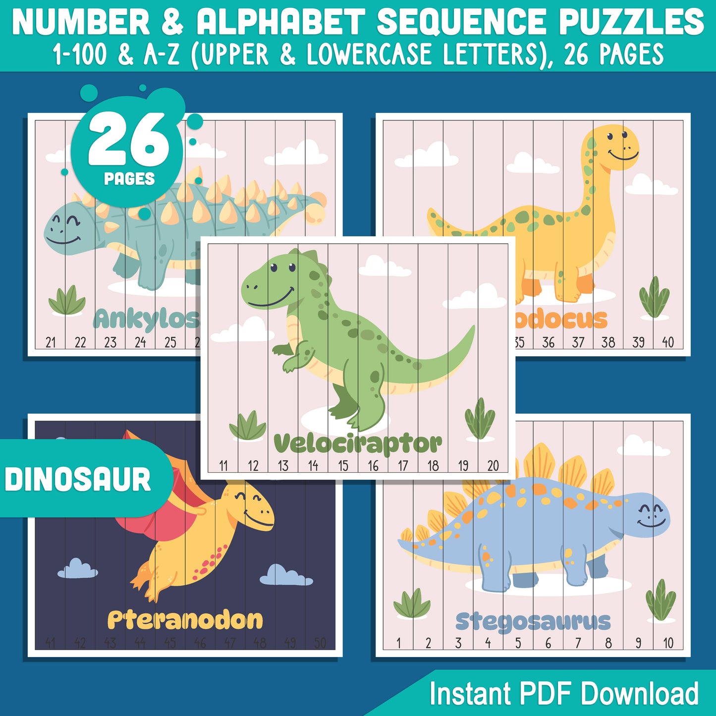 Dinosaur Number and Alphabet Sequence Puzzles: 1-100 Counting and A-Z Sequencing for Toddlers, Preschool, and Kindergarten, Printable PDF for Math Centers