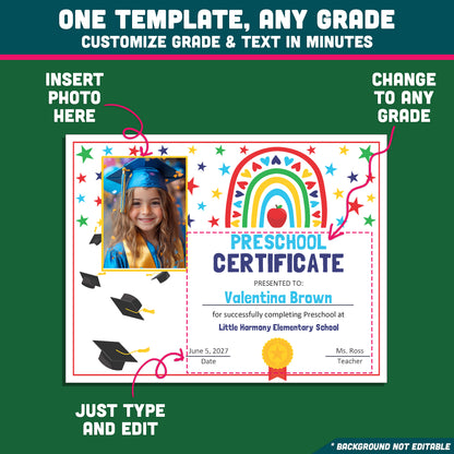 Editable Certificate of Completion, Printable Rainbow Student Awards, Photo and No-Photo Options, PDF and PowerPoint