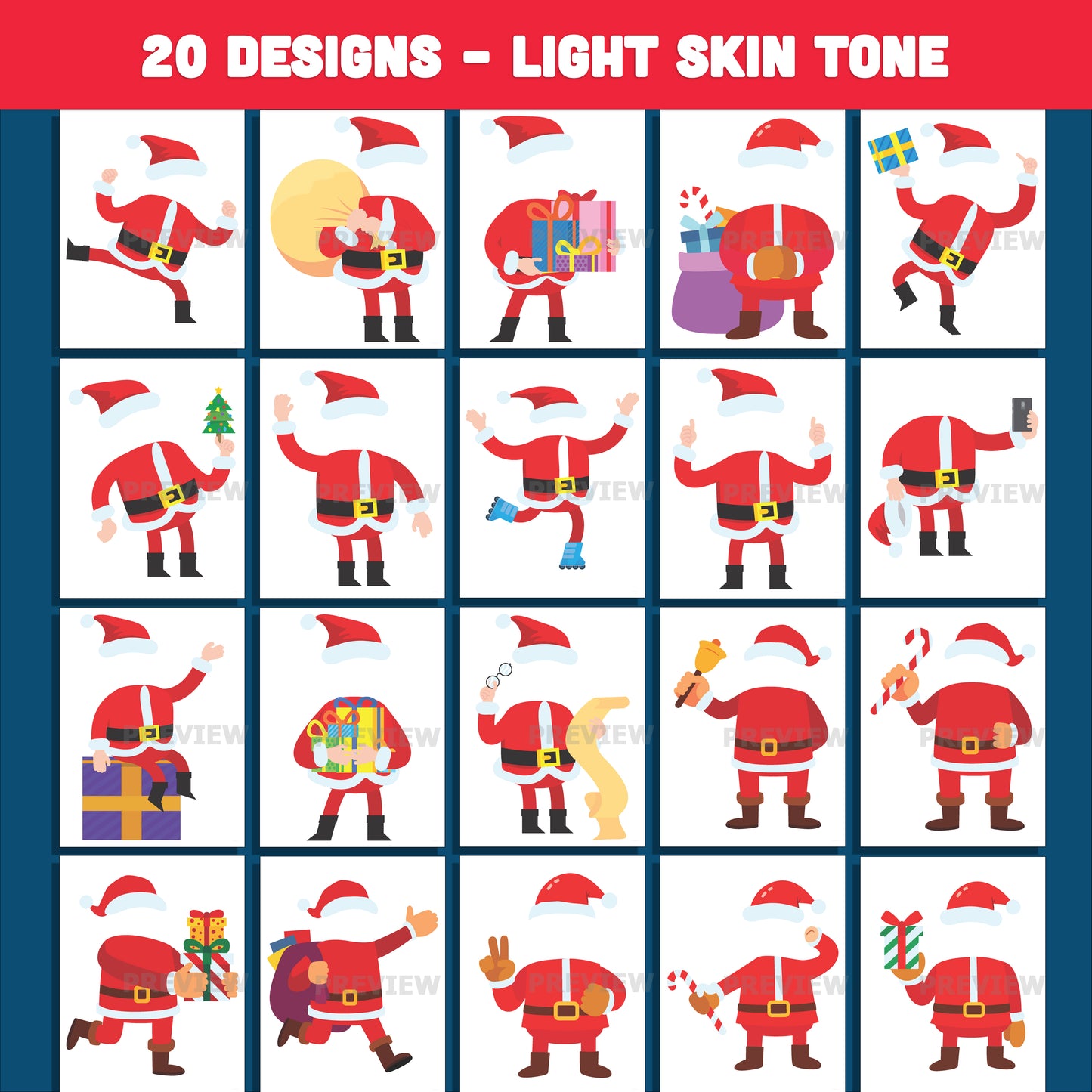 Printable Santa Body Template PNG Crafts – Add Your Own Face Christmas Project, 20 Designs Light + Dark Skin Tones, PDF + PNG for School and Home Use
